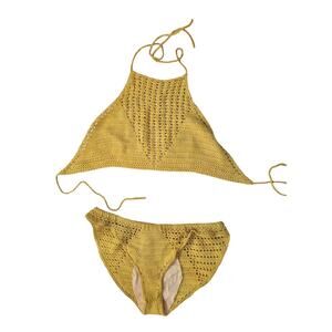 Vintage 60s Yellow Crochet Bikini Bathing Suit Halter Top Set